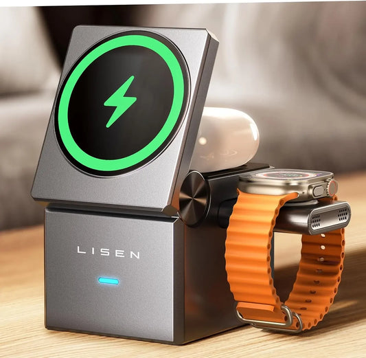 LISEN 3 in 1 Wireless Charging Station Cube - Ultimate Travel Charger for iPhone 15 Pro Max, AirPods, and Apple Watch