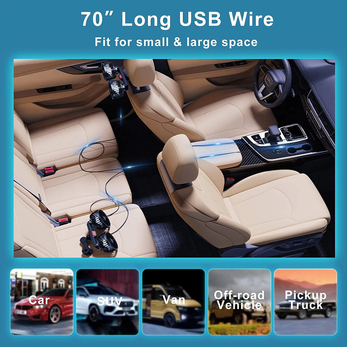 Revolutionary 360° Adjustable Car Fan - 3-Speed USB Charging Dual Head Cooling Solution for Your Car and Home