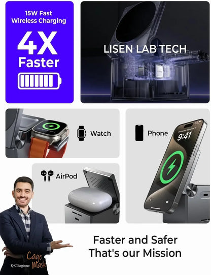 LISEN 3 in 1 Wireless Charging Station Cube - Ultimate Travel Charger for iPhone 15 Pro Max, AirPods, and Apple Watch